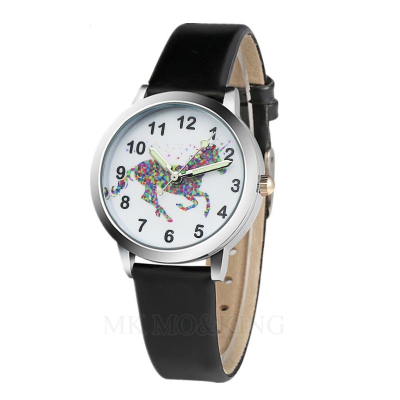 Kinder horloge zwart met paarden afbeelding leer bandje - Horloges voor scherpe prijzen. Wij zijn er gek op "jij toch ook"?